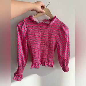 Pink and Green Checkered Smocked Top